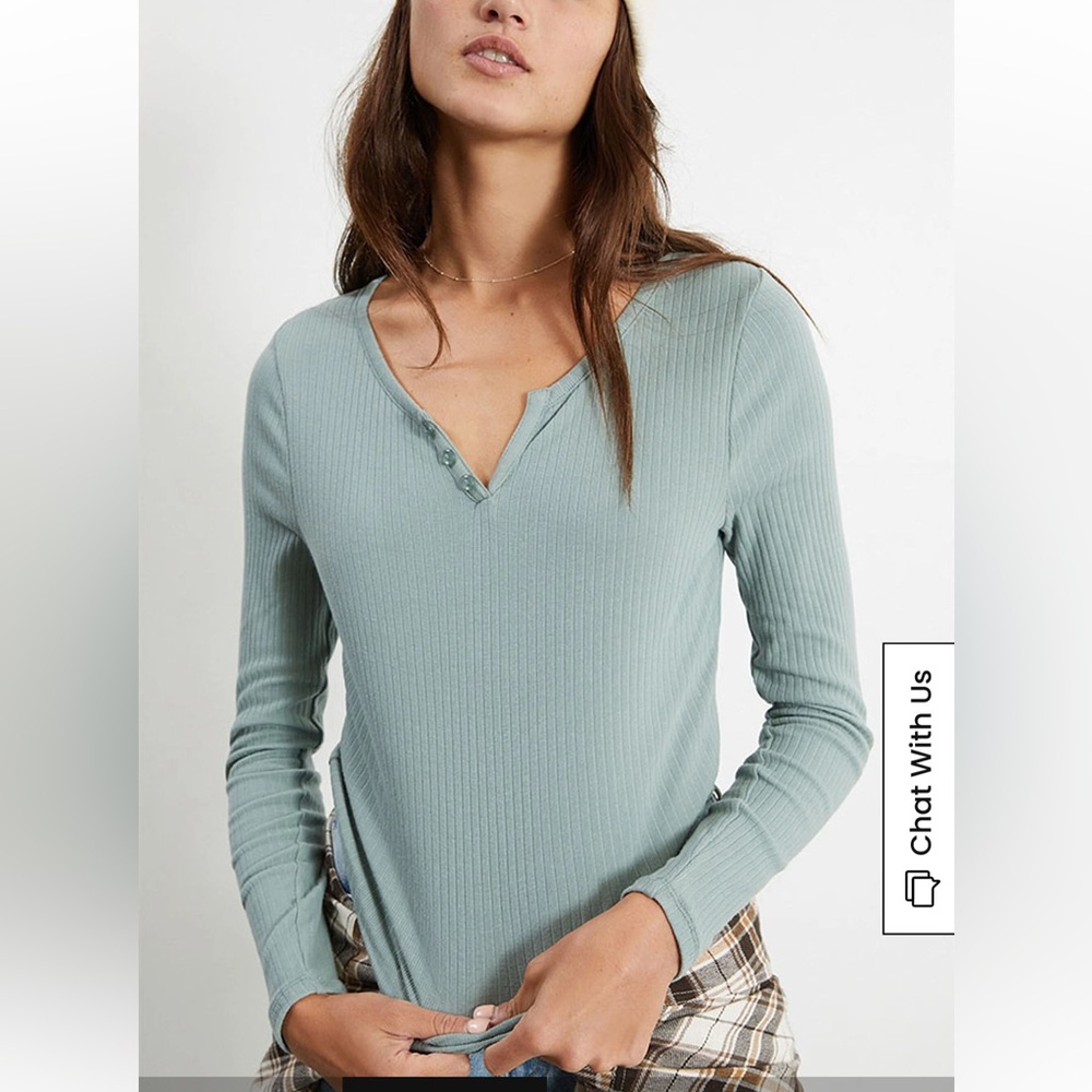 PacSun Ribbed Henley Top - Slate Blue/Green
